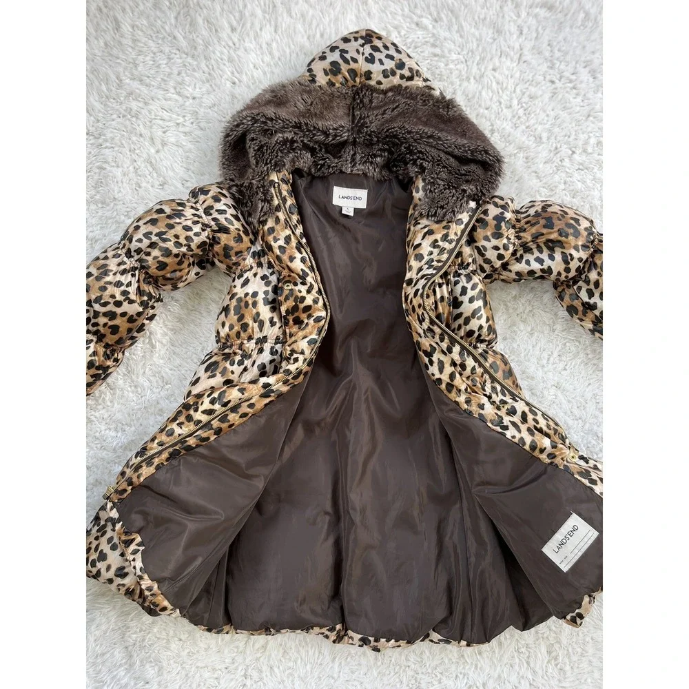 Lands End Kids Streetwear Leopard Print Hooded‎ Puffer Coat Faux Fur Trim L 14